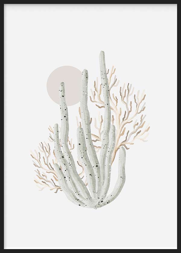 cuadro lamina decorativa de coral, ilustración, cuadro de playa, mar, nórdico. Marco negro