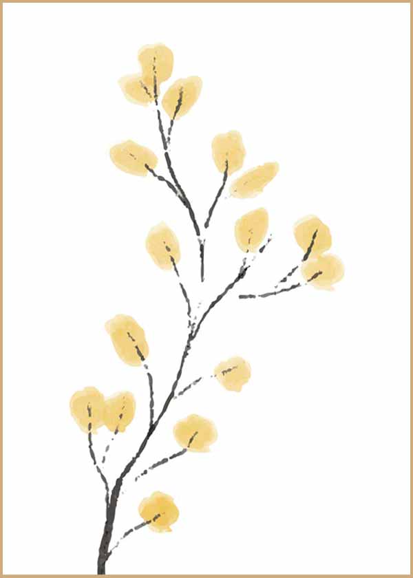 cuadro para lámina decorativa de rama con flores amarillas, ilustración floral minimalista. Marco negro