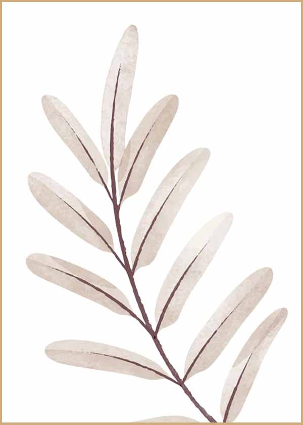 cuadro para lámina decorativa de rama con hojas en tonos grisáceos, ilustración de flor. Marco negro