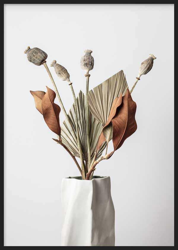 cuadro para lámina decorativa de fotografía de flores y jarrón sobre fondo gris, botánico - kuadro