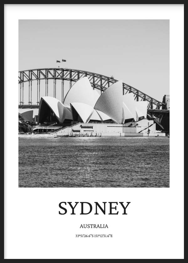 lámina para cuadro ciudad de Sidney. Lámina decorativa de Sidney en blanco y negro.