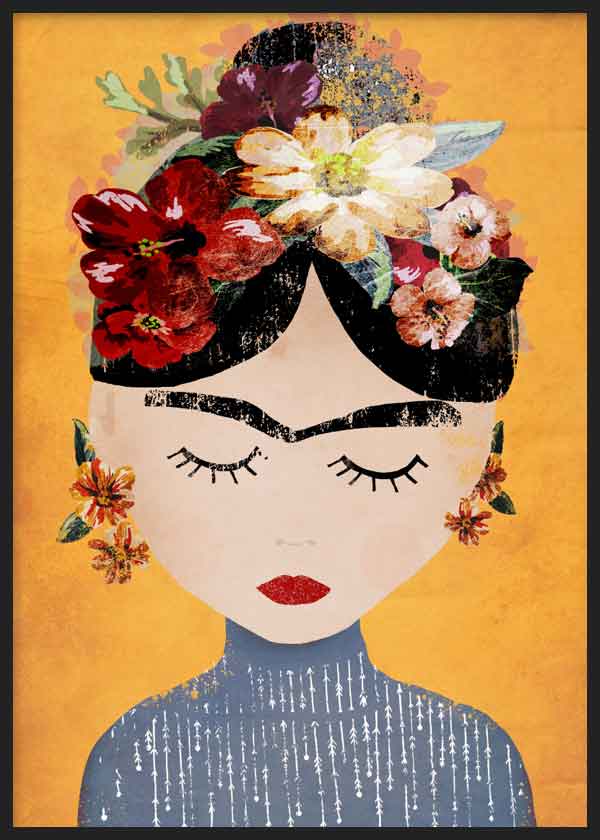 cuadro lámina decorativa de mujer Frida Kalho con flores - kuadro