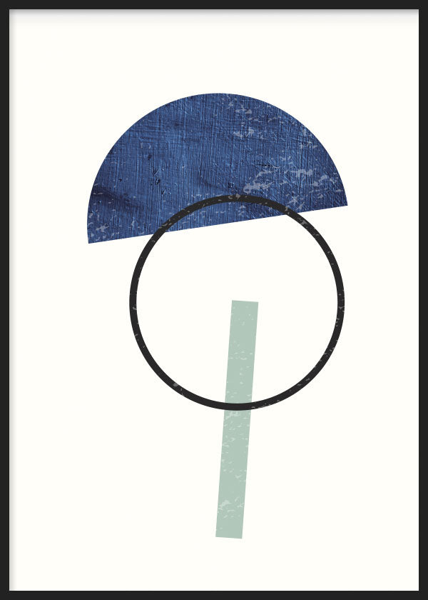 cuadro para lámina decorativa abstracta y geométrica en colores azules y fondo blanco. Ilustración geométrica. Marco negro