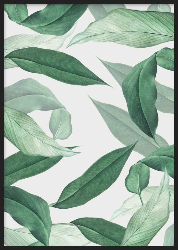 cuadro para lámina decorativa de hojas verdes en estilo nórdico. Ilustración de hojas. Marco negro