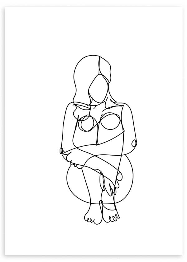 lámina decorativa de ilustración minimalista y abstracta de cuerpo de mujer sentada, blanco y negro