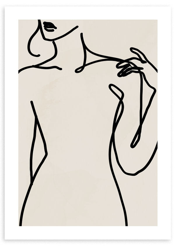 cuadro de ilustración de mujer minimalista en trazos negros y fondo beige. Marco negro