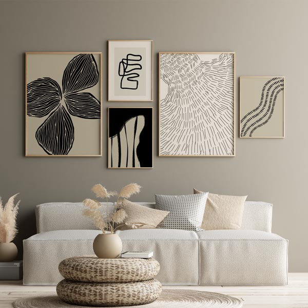 decoración con cuadros, mural - lámina decorativa abstracta con formas en negro y fondo beige