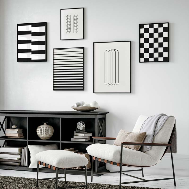mural de cuadros en blanco y negro de estilo minimalista y geométrico