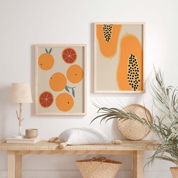 Conjunto de dos cuadros coloridos, ilustración con naranjas y
