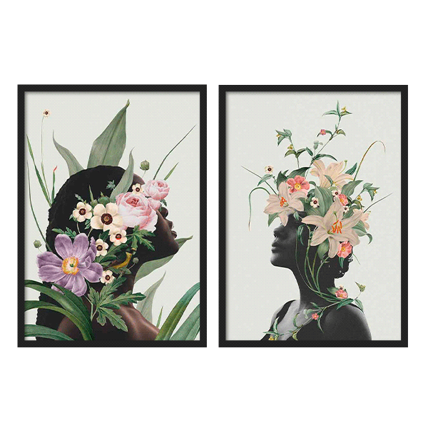 Conjunto de dos cuadros, ilustraciones artísticas de mujeres con motivos florales