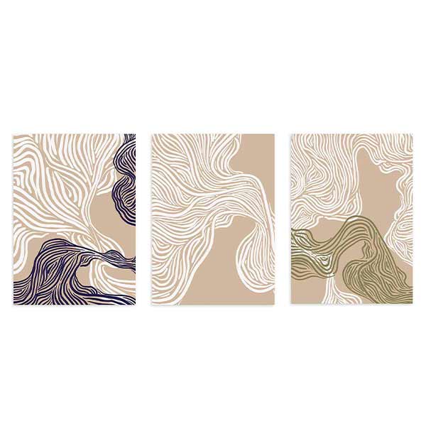 Conjunto de tres cuadros de ilustraciones abstractas en tonos beige, blanco, azul y verde
