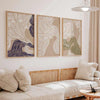 decoración con cuadros, ideas - Conjunto de tres cuadros de ilustraciones abstractas en tonos beige, blanco, azul y verde