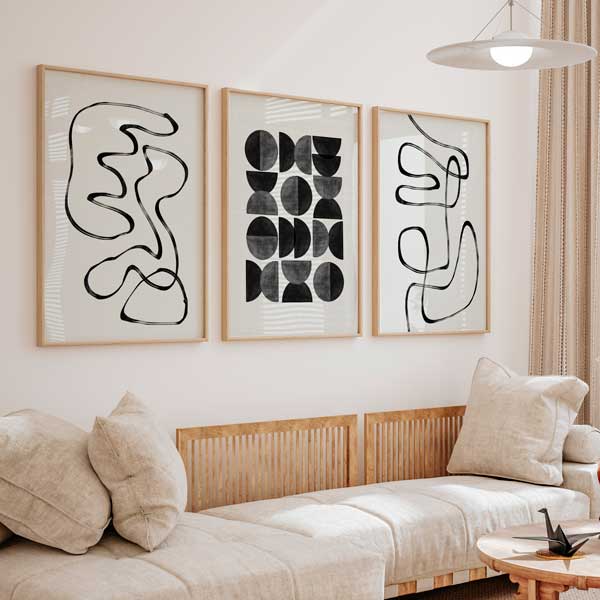 conjunto de tres cuadros abstractos en blanco y negro - kuadro