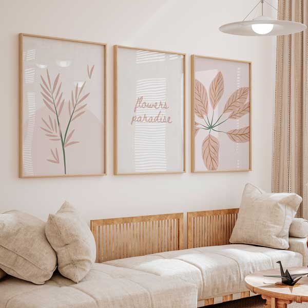 conjunto de tres cuadros florales, ilustraciones nórdicas encima del sofá - kuadro