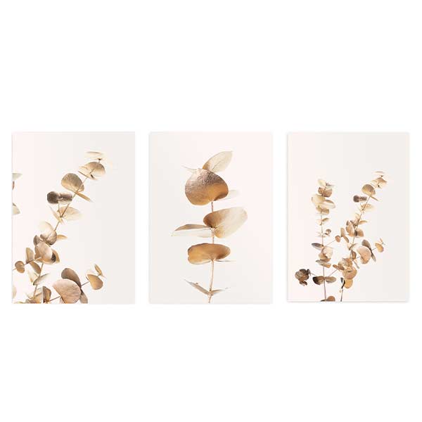 Conjunto de tres cuadros de estilo floral, eucaliptos en tonos bronce