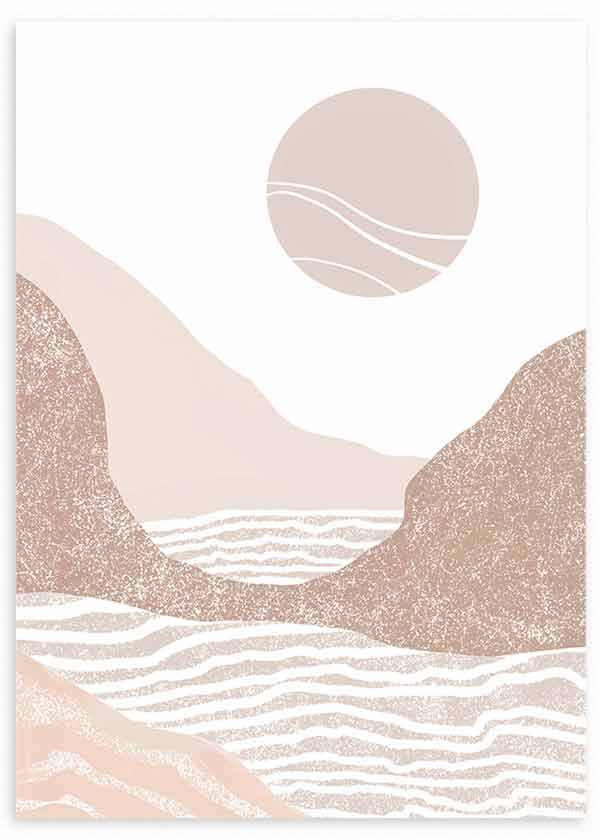 Cuadro de ilustración en colores neutros representando el sol y una playa, estilo nórdico.