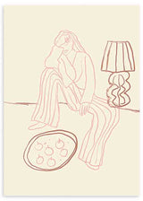 Cuadro de ilustración artística de mujer sentada. Una obra en tonos beige, y trazos azul y marrón