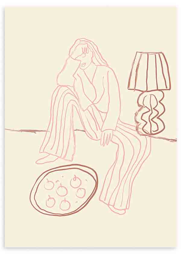 Cuadro de ilustración artística de mujer sentada. Una obra en tonos beige, y trazos azul y marrón