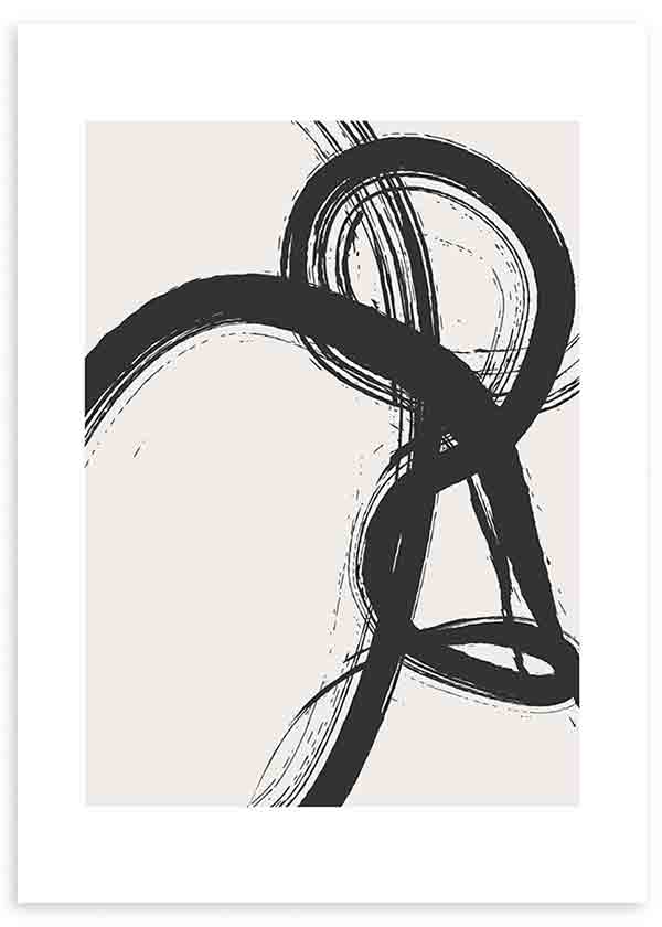 Cuadro abstracto y minimalista en blanco y negro con fondo ligeramente beige.