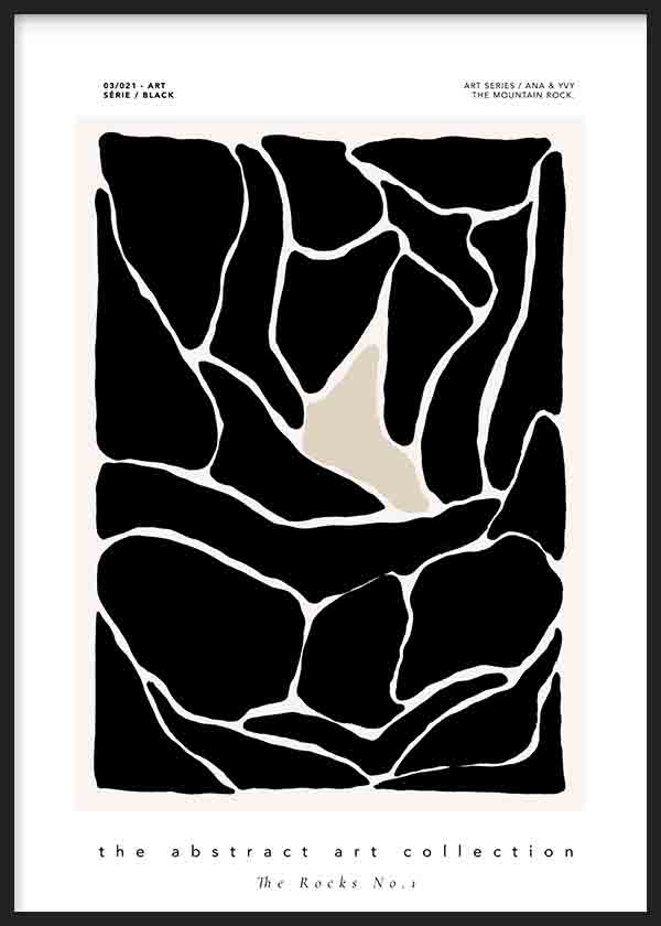 Cuadro minimalista con ilustración de rocas abstractas en negro. Una obra abstracta y moderna