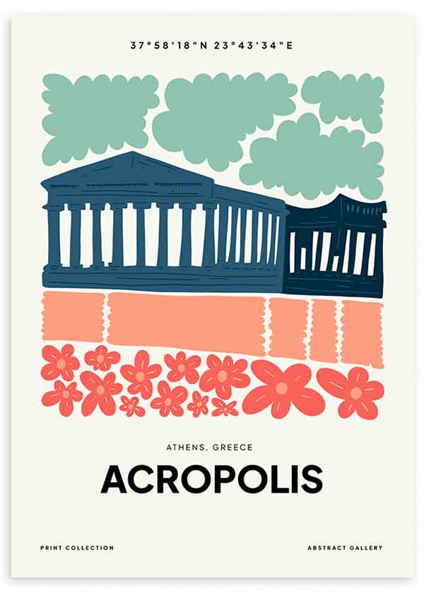 Cuadro Acrópolis, ilustración colorida. Una obra que te hará viajar a Atenas para ver una de los edificios romanos más icónicos del mundo