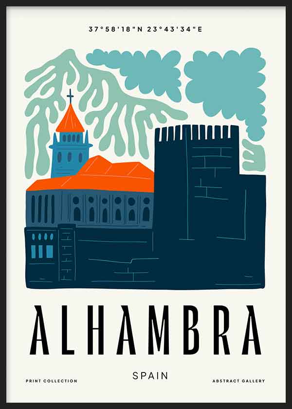 Cuadro Alhambra, ilustración colorida. Una obra que te hará viajar a Granada para ver una de los edificios más icónicos de España