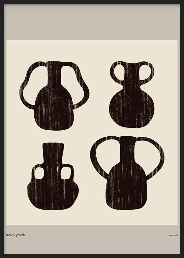 Cuadro de ilustración de jarrones en negro sobre fondo beige