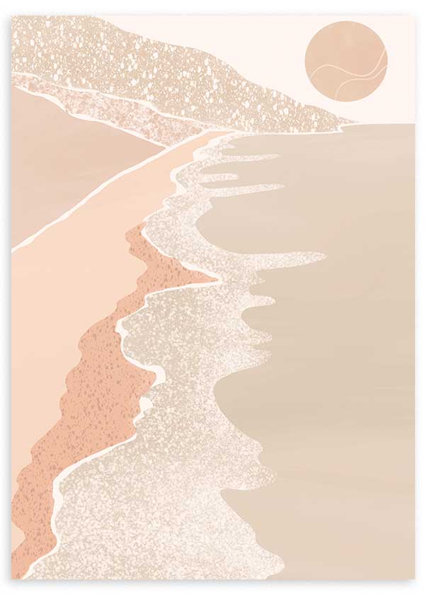 Cuadro ilustración de playa y montañas en tonos pastel y estilo nórdico. Una obra llena de paz y tranquilidad, la misma que te aportaría ese paisaje en la realidad.