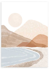 Cuadro ilustración de playa y montañas en tonos pastel y estilo nórdico. Una obra llena de paz y tranquilidad