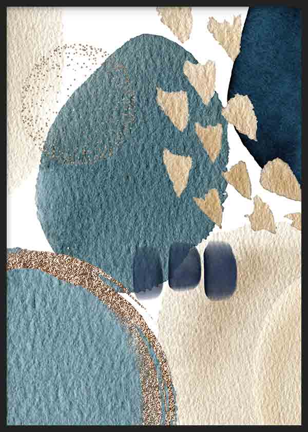 Cuadro abstracto y colorido con ilustraciones en tonos azules y beige