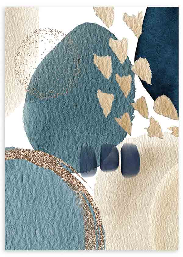 Cuadro abstracto y colorido con ilustraciones en tonos azules y beige