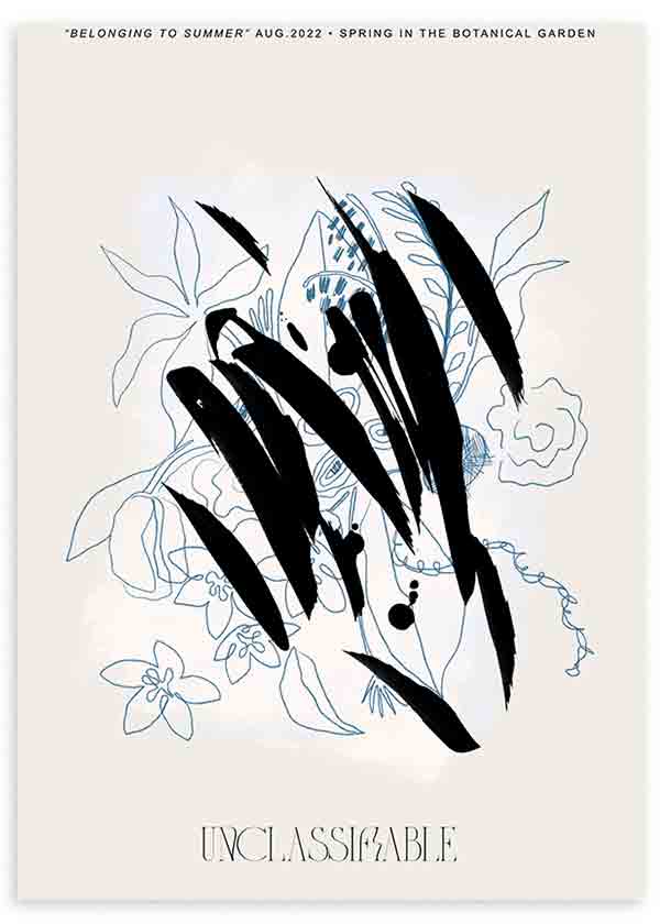 Cuadro de ilustración floral con trazos en azul y detalles negros. Una obra de estilo nórdico y floral de gran nivel artístico