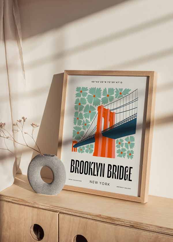 Cuadro Puente de Brooklyn, ilustración colorida. Una obra que te hará viajar a Nueva York para ver una de los puentes más icónicos del mundo