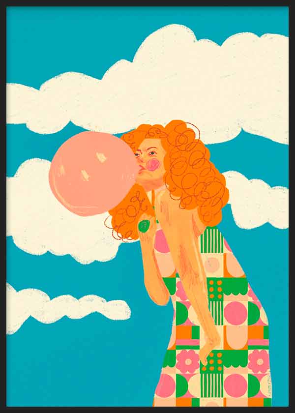 Cuadro de ilustración artística de niña haciendo una pompa con un chicle y cielo de fondo