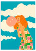 Cuadro de ilustración artística de niña haciendo una pompa con un chicle y cielo de fondo