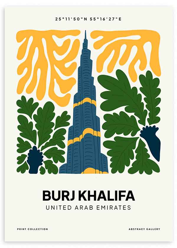Cuadro Burj Khalifa, ilustración colorida. Una obra que te hará viajar a Dubái para ver un edificio de nada más y nada menos que 828 metros de altura