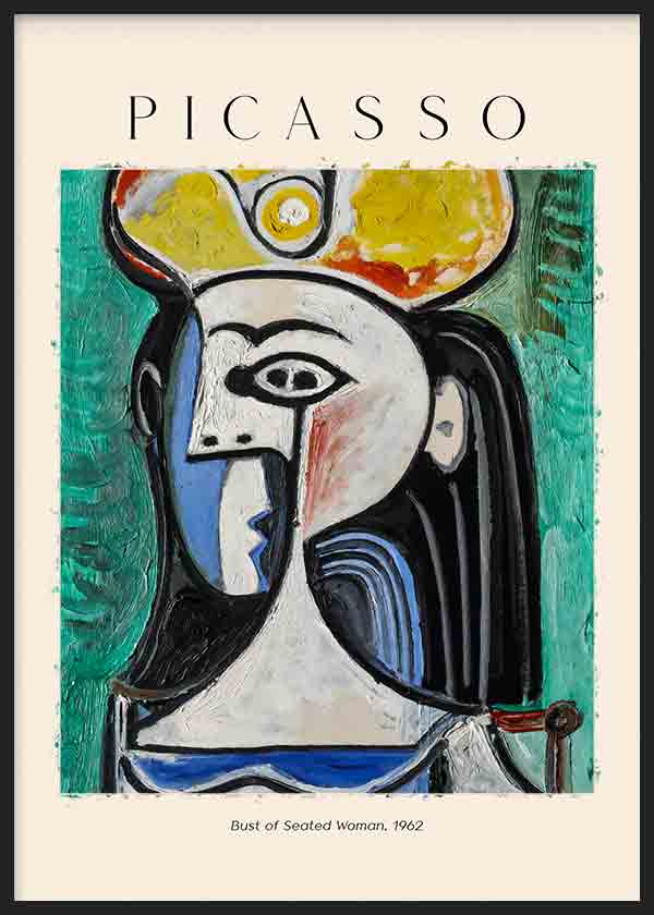 Cuadro artístico inspirado en el cuadro de Picasso Buste de femme assise. La obra fue pintada en en 1962 con el estilo único y radical de Pablo Picasso.