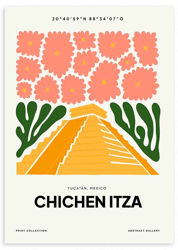 Cuadro Chichen Itza, ilustración colorida. Una obra que te hará viajar a Yucatán para ver estas maravillosas pirámides.