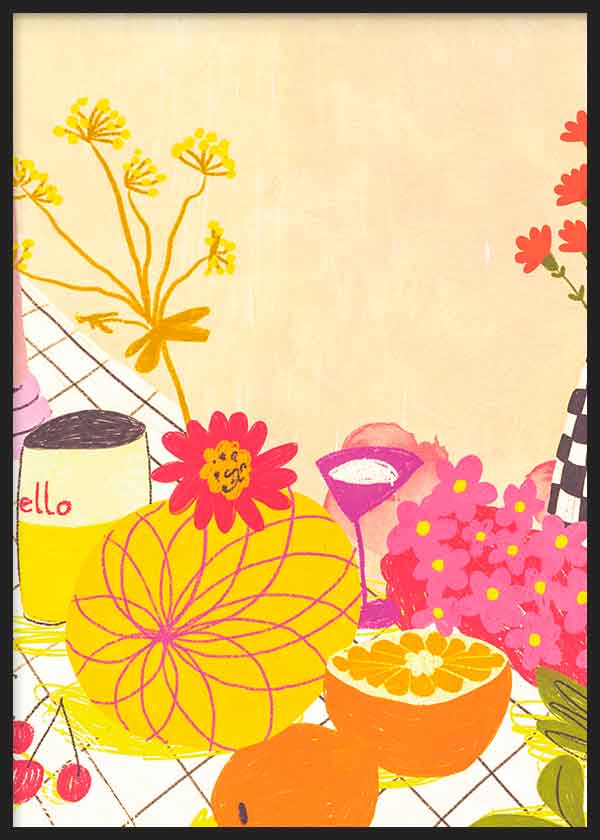 Cuadro de ilustración floral colorida y vintage; flores y frutas sobre mesa. Una obra para amantes del color que no pasará desapercibida en tus paredes