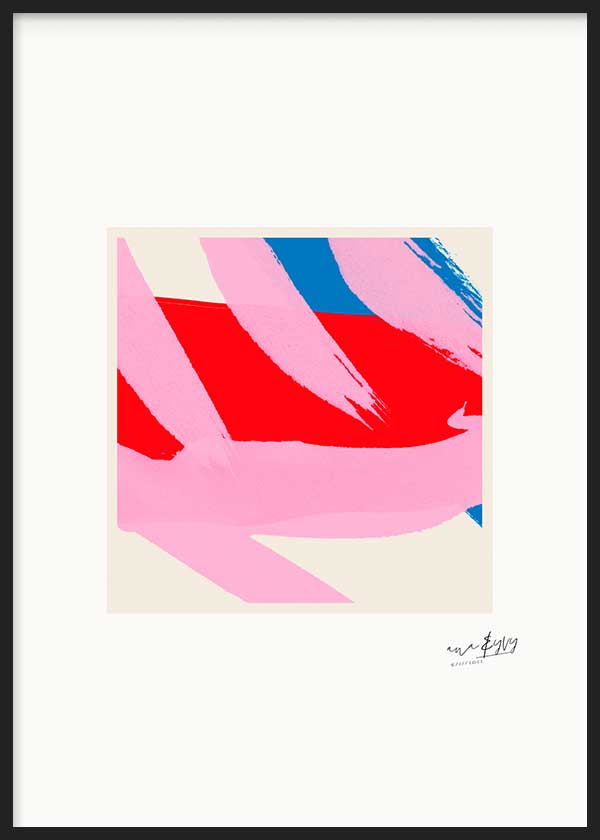 Cuadro de ilustración colorida en tonos rosas, rojos y azules. Un estilo abstracto y cargado de color que llena de estilo tu salón o dormitorio