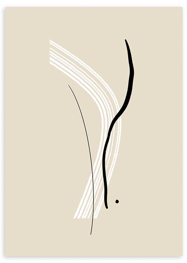 Cuadro minimalista y abstracto con ilustraciones de trazos blancos y negros sobre un fondo beige crema. Ideal para ambientes modernos, salones y salas de estar