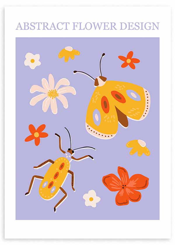 Cuadro de ilustración infantil colorida con distintas flores e insectos sobre fondo morado