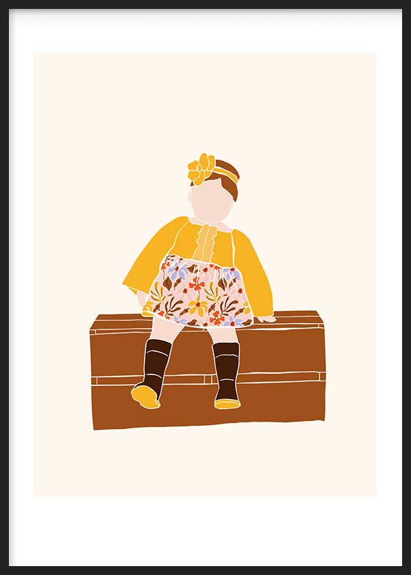 Cuadro infantil de ilustración artística de niña sentada sobre baul.