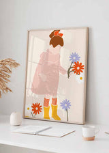 Cuadro infantil de ilustración artística de niña jugando con flores