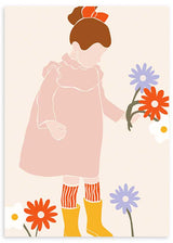 Cuadro infantil de ilustración artística de niña jugando con flores