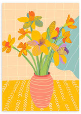Cuadro de ilustración floral colorida y vintage, sobre fondo amarillo