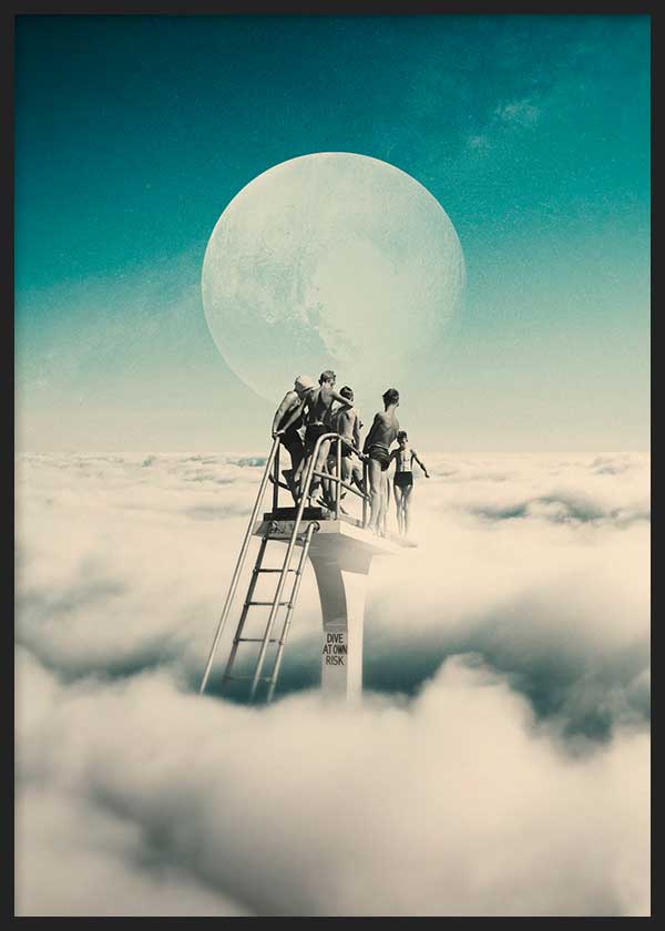 Cuadro collage surrealista de trampolín en el cielo con luna llena al fondo