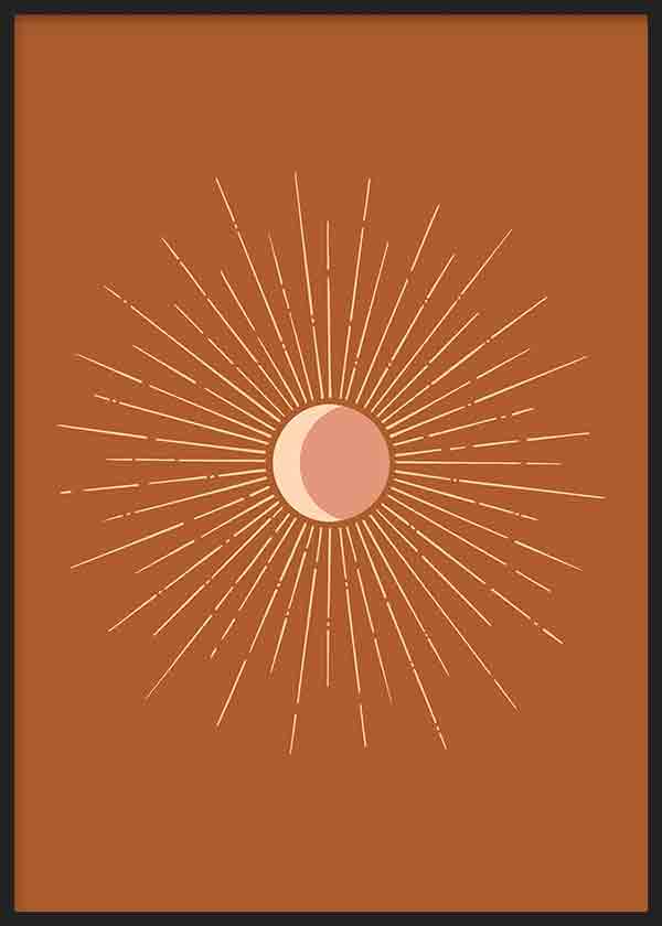 Cuadro de ilustración artística de eclipse solar sobre fondo naranja oscuro.