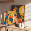 Cuadro de ilustración colorida de dos mujeres bailando sobre flores. Una obra para amantes del color y la alegría de estas ilustraciones - ideas de decoración con cuadros