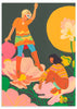 Cuadro de ilustración colorida de dos mujeres bailando sobre flores. Una obra para amantes del color y la alegría de estas ilustraciones